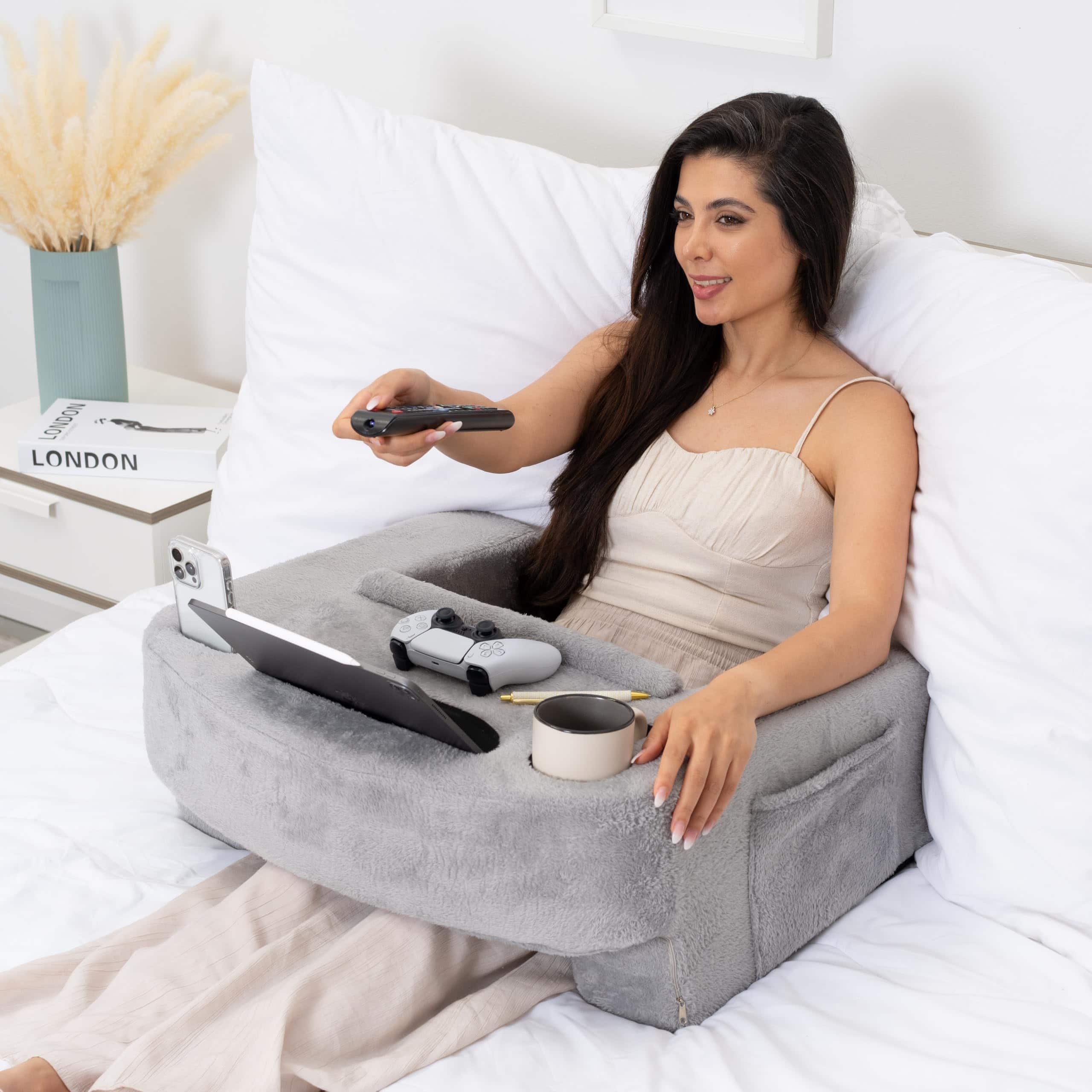 Fabibe - Reading Pillow For Gaming - Extra Large Lap Desk & Arm Rest With Cup Phone Holder Adjustable Heights Laptop - Furry Grey