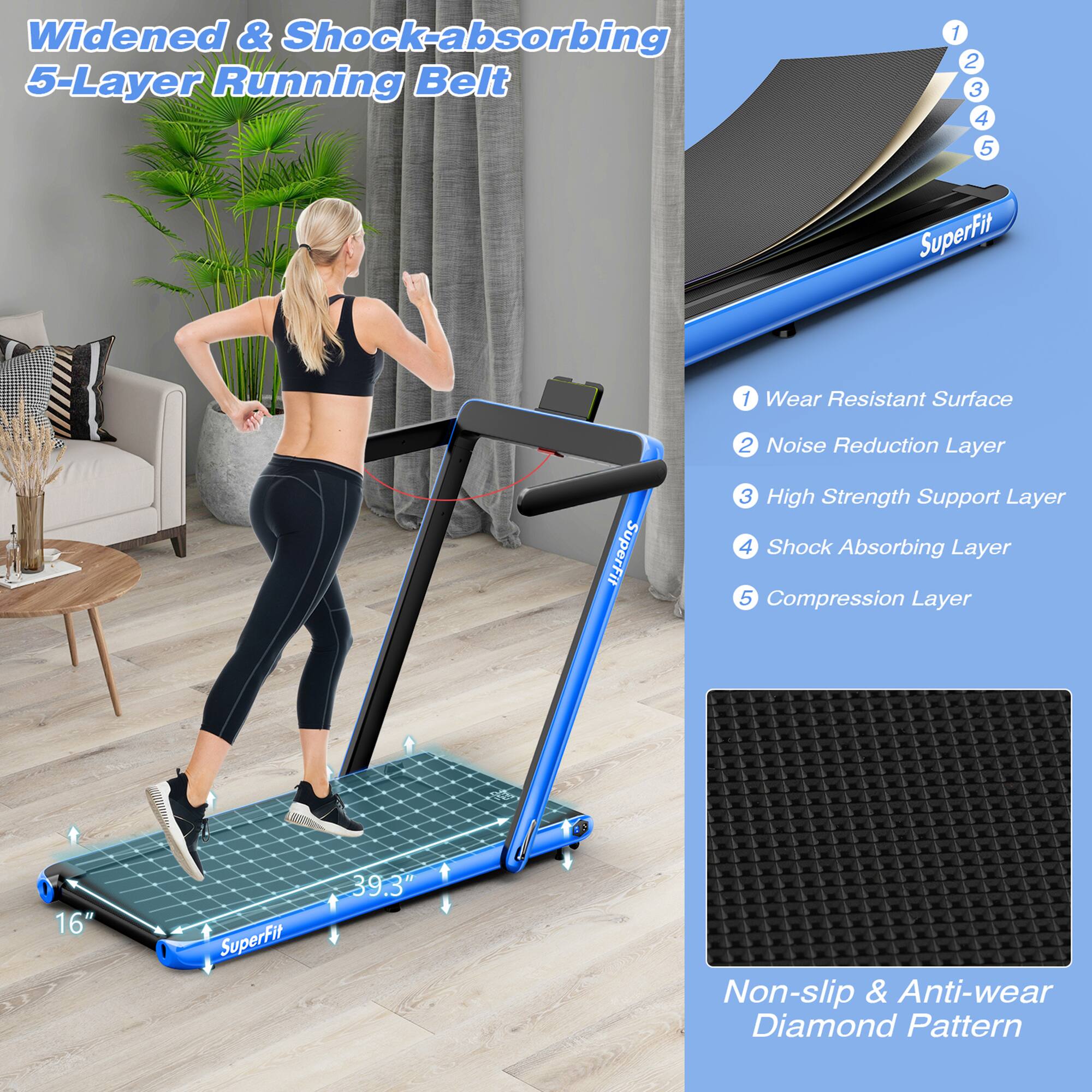 Widened & Shock-absorbing 5-Layer Running Belt

1. Wear Resistant Surface
2. Noise Reduction Layer
3. High Strength Support Layer
4. Shock Absorbing Layer
5. Compression Layer

Non-slip & Anti-wear Diamond Pattern

16" x 39.3"