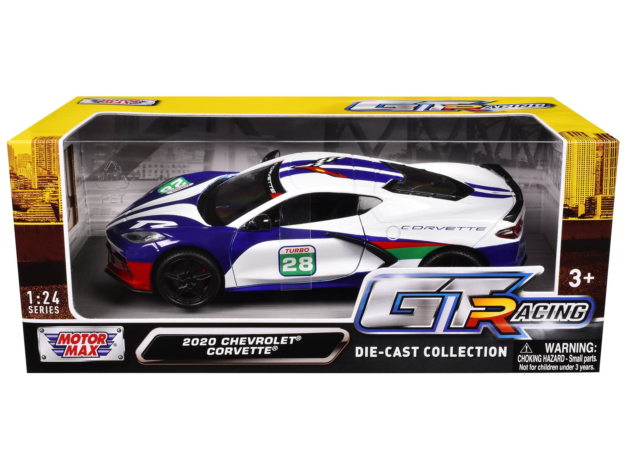Sure, here is the corrected and grouped text from the image:

---

**GT RACING**  
**DIE-CAST COLLECTION**

**1:24 SERIES**

**MOTOR MAX**

**2020 CHEVROLET CORVETTE**

**TURBO 28**

**3+**

**WARNING: CHOKING HAZARD - Small parts. Not for children under 3 years.**

---

This text is organized to reflect the information on the packaging.