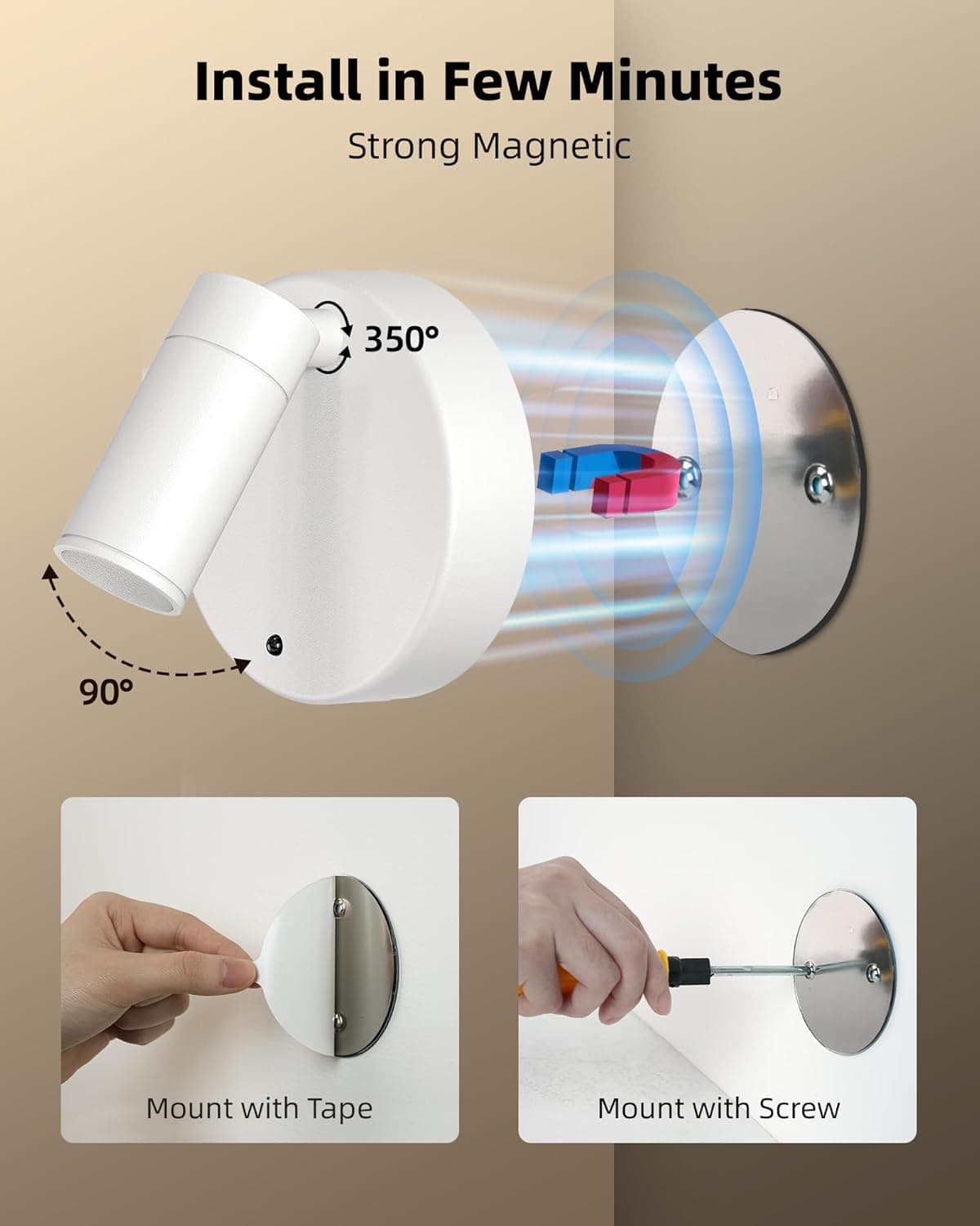Install in Few Minutes  
Strong Magnetic  
350°  
90°  
Mount with Tape  
Mount with Screw