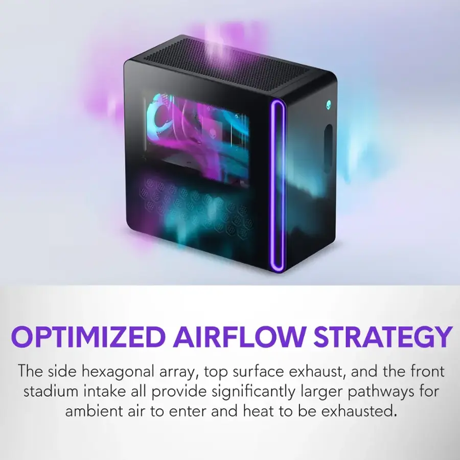 Optimized Airflow Strategy: The side hexagonal array, top surface exhaust, and the front stadium intake all provide significantly larger pathways for ambient air to enter and heat to be exhausted.