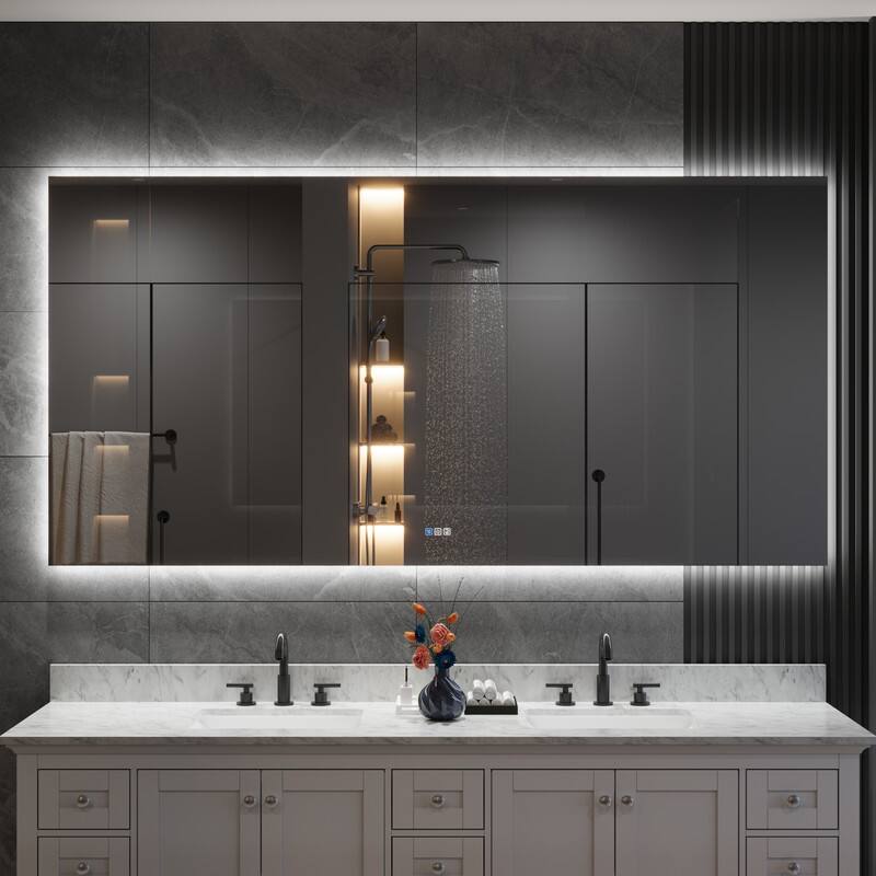 Front. WELLFOR - 84 in x 42 in Rectangular Frameless Bathroom Vanity Mirror with LED Light&Anti-Fog, Aluminum Backlights Mirror - Chrome.