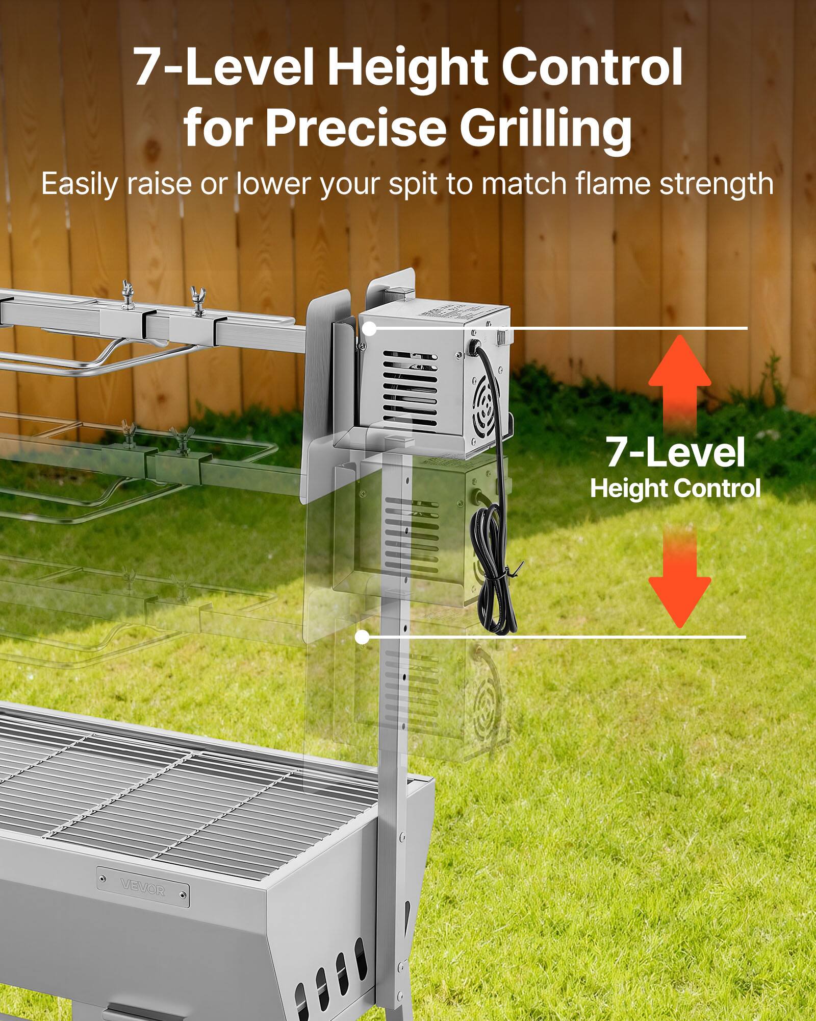 7-Level Height Control for Precise Grilling  
Easily raise or lower your spit to match flame strength  

7-Level Height Control