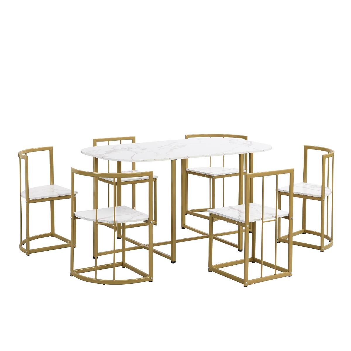 Alt View 8. Loheer - Loheer 7 Piece Dining Set for 6, 53.5 Inch Faux Marble White Table, Modern Black and Gold Chairs - Black and Faux Marble White.