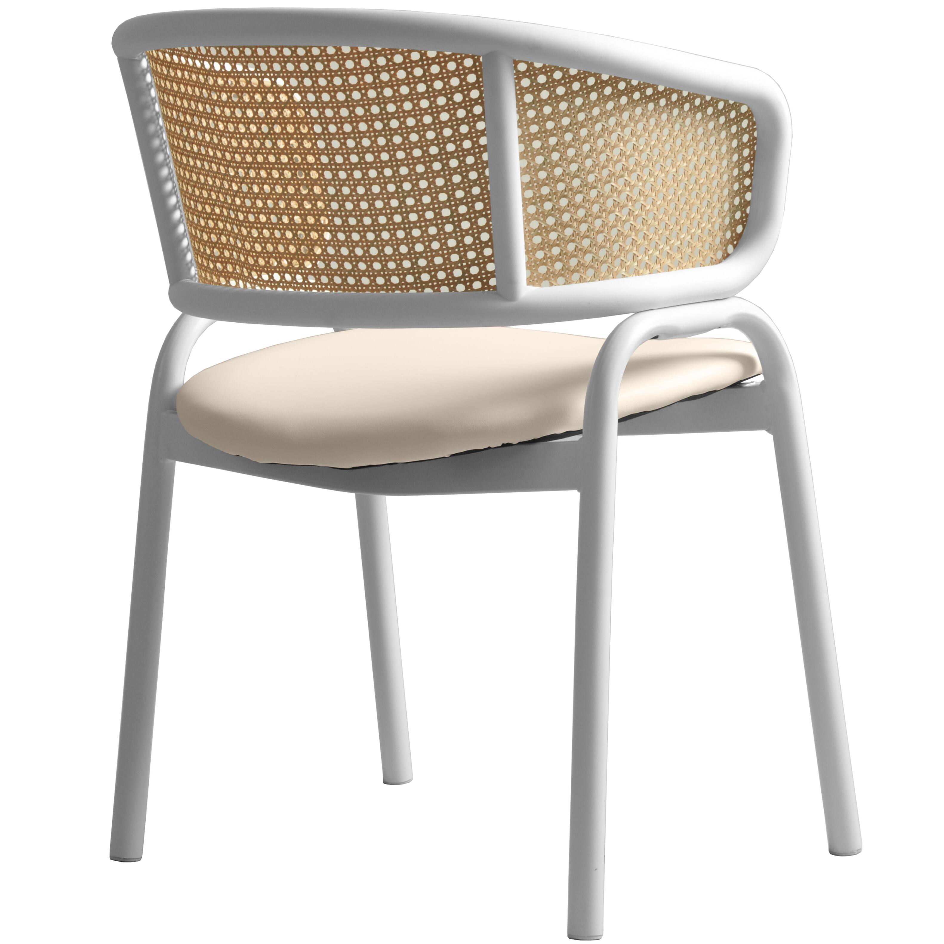 Alt View 5. LeisureMod - Ervilla Modern Rattan Dining Chair, Leather Upholstered Kitchen Side Accent Chair with White Metal Frame - White.