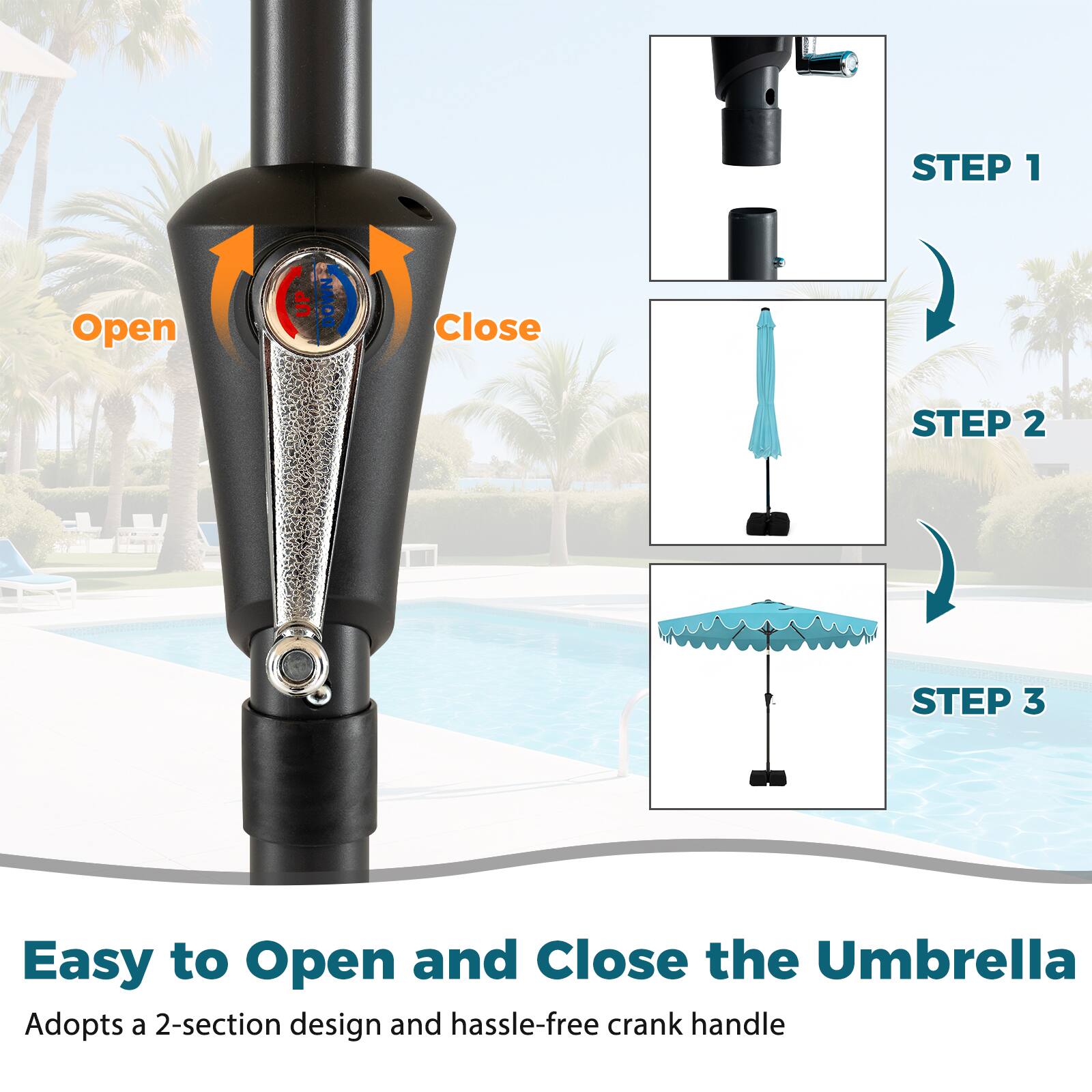 **Easy to Open and Close the Umbrella**

Adopts a 2-section design and hassle-free crank handle

**STEP 1**  
Open  
Close

**STEP 2**

**STEP 3**