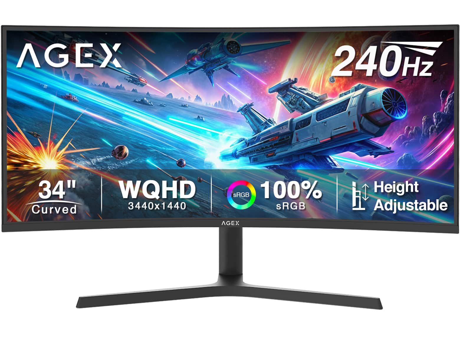 AGEX 240Hz 34" Curved WQHD 3440x1440 100% sRGB Height Adjustable