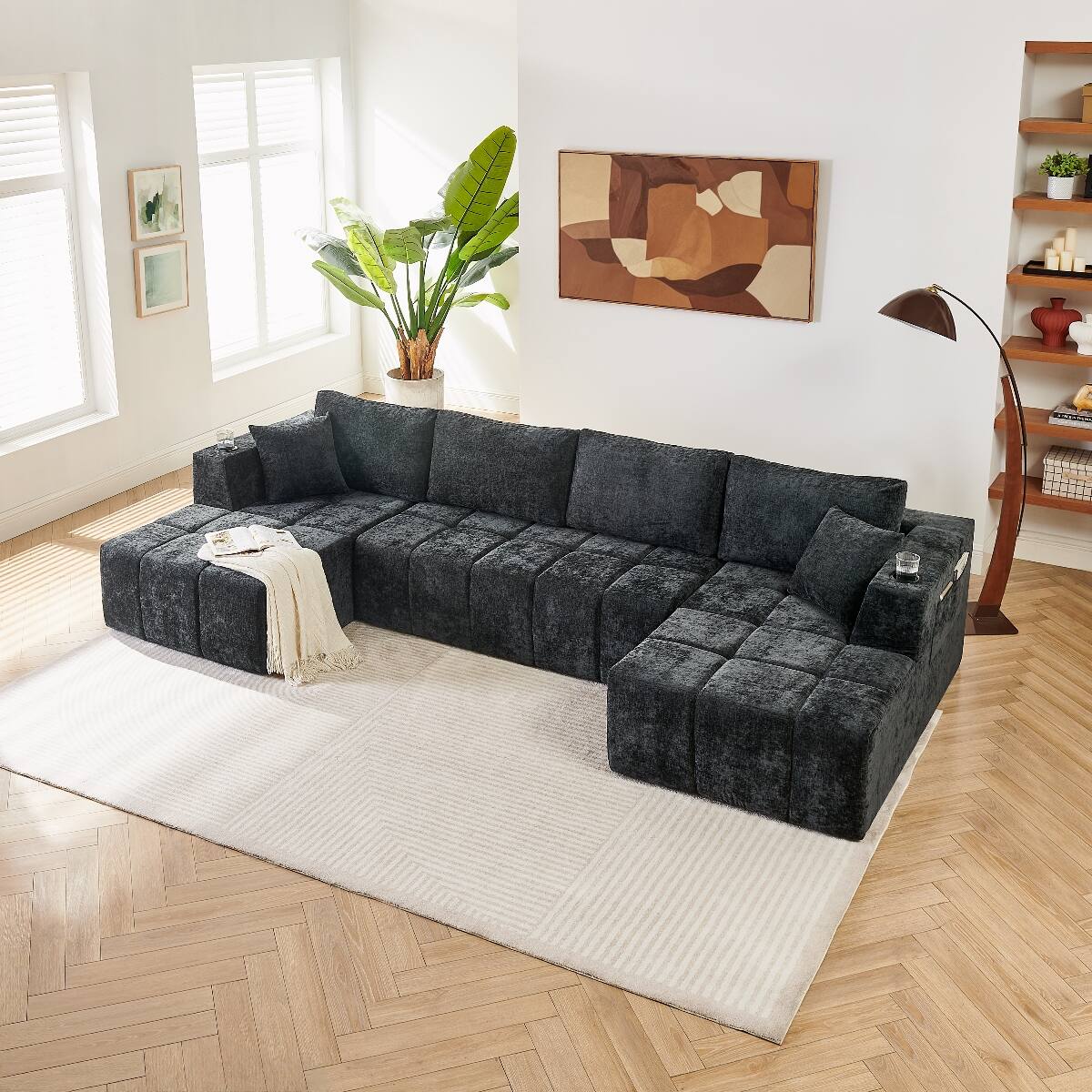 Left. Ropilly - Ropilly U Shaped Chenille Sectional Sofa, Cloud Style Upholstered Couch, Black Modular Sectional Couch - Black.