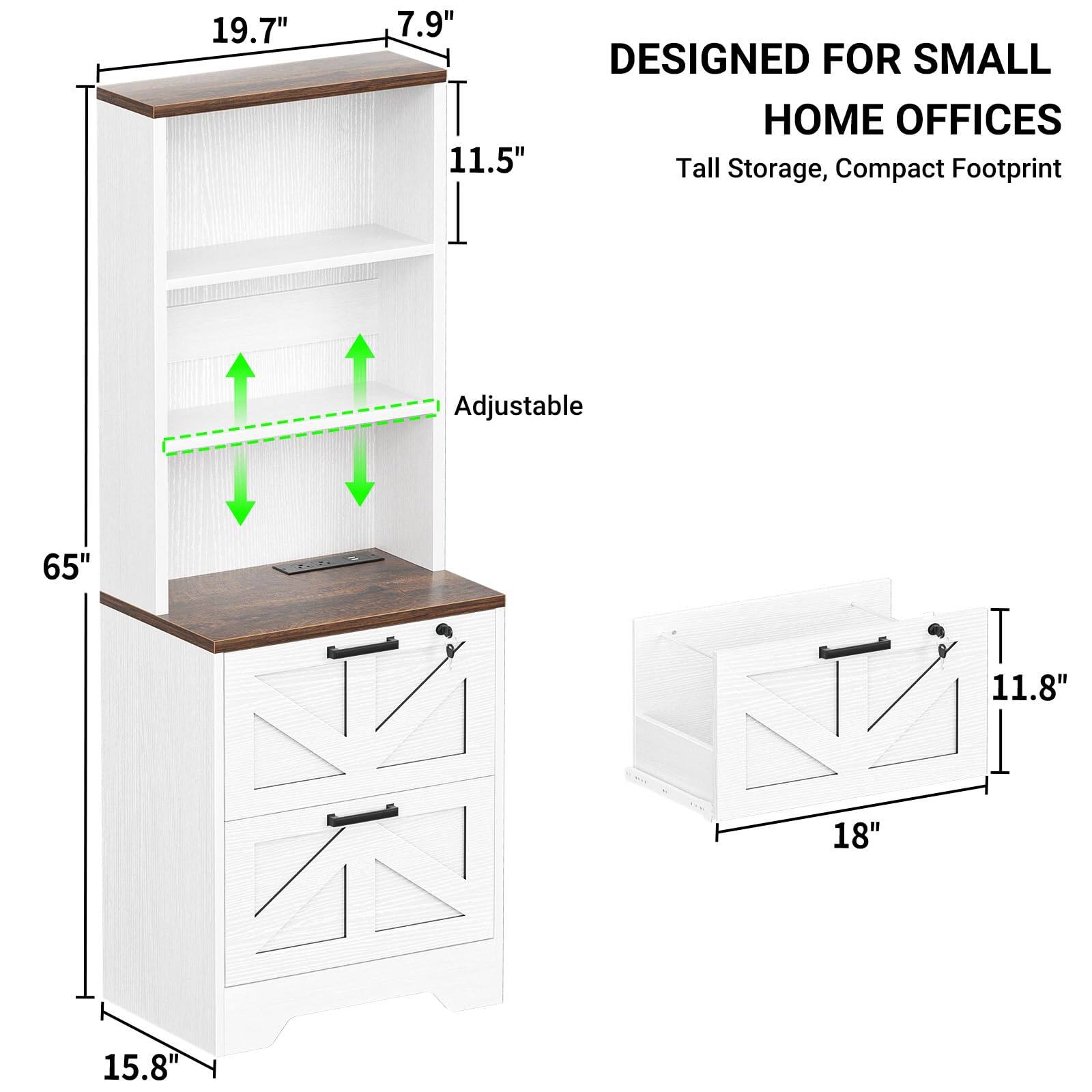19.7"  
7.9"  
11.5"  
DESIGNED FOR SMALL HOME OFFICES  
Tall Storage, Compact Footprint  
Adjustable  
65"  
11.8"  
18"  
15.8"