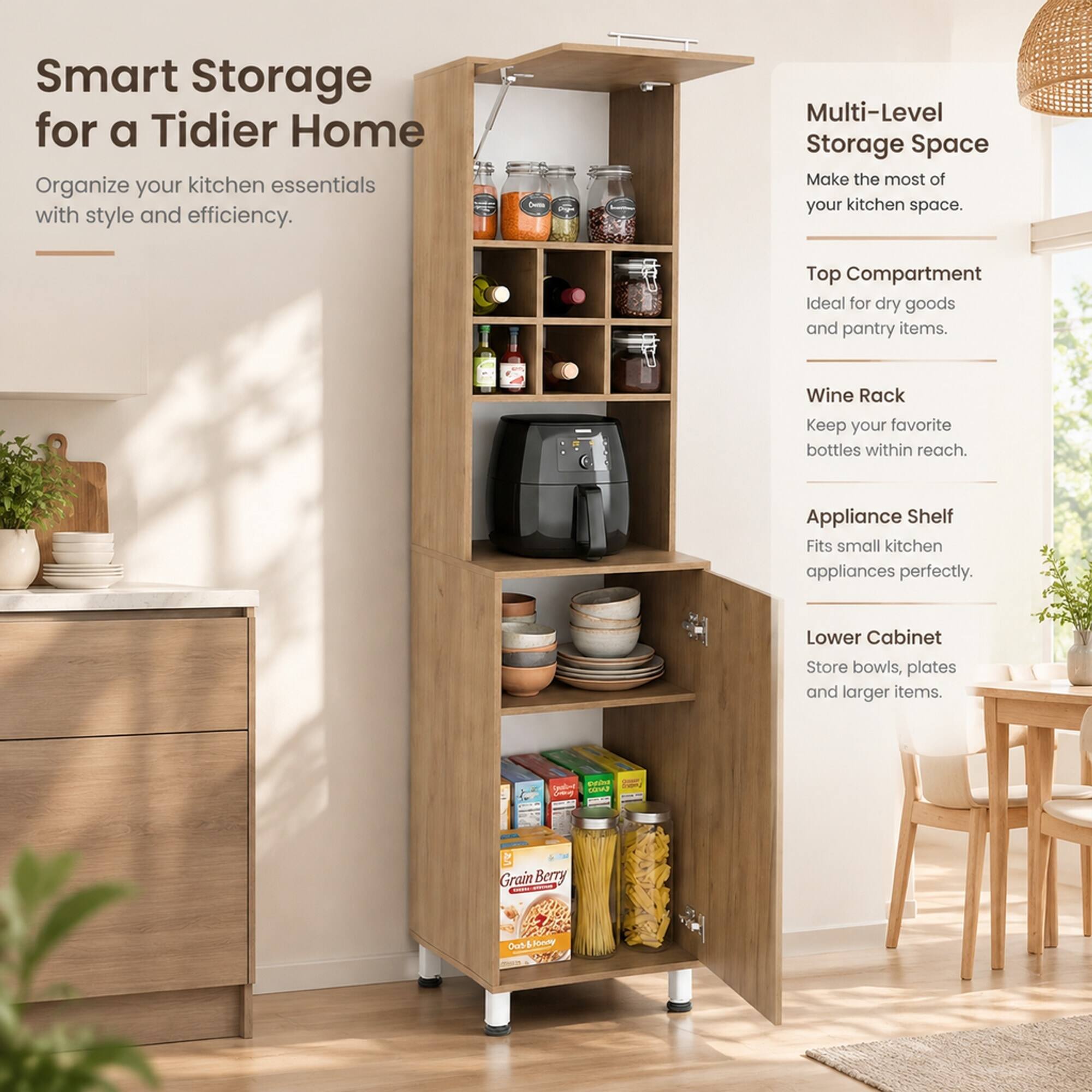 Smart Storage for a Tidier Home  
Organize your kitchen essentials with style and efficiency.  

Multi-Level Storage Space  
Make the most of your kitchen space.  

Top Compartment  
Ideal for dry goods and pantry items.  

Wine Rack  
Keep your favorite bottles within reach.  

Appliance Shelf  
Fits small kitchen appliances perfectly.  

Lower Cabinet  
Store bowls, plates and larger items.  

Grain Berry  
Ous & ionny