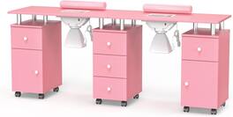 Winado - Rolling Double Manicure Table with Dust Collector & Drawers, Nail Table Station - Pink