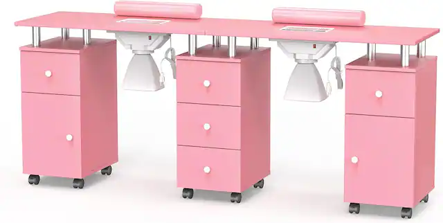 Front. Winado - Rolling Double Manicure Table with Dust Collector & Drawers, Nail Table Station - Pink.