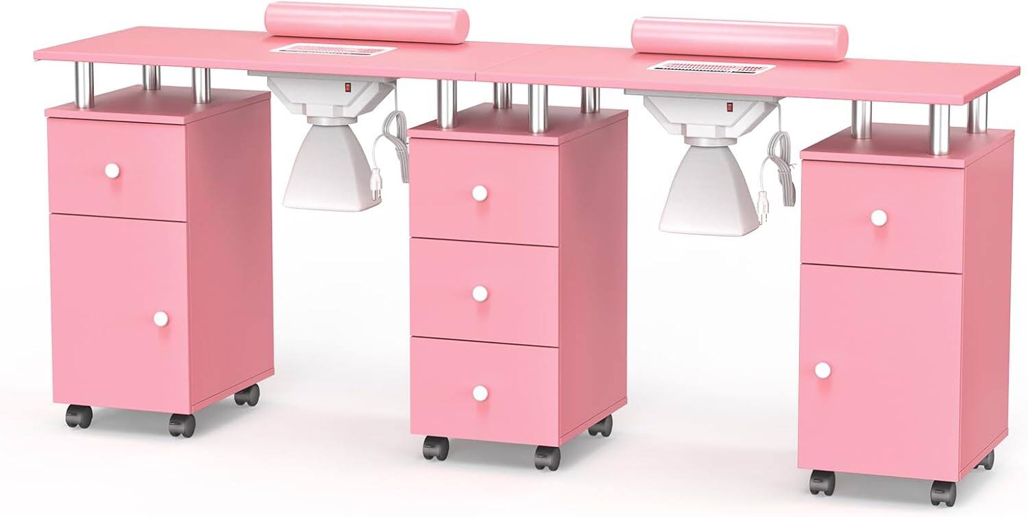 Front. Winado - Rolling Double Manicure Table with Dust Collector & Drawers, Nail Table Station - Pink.