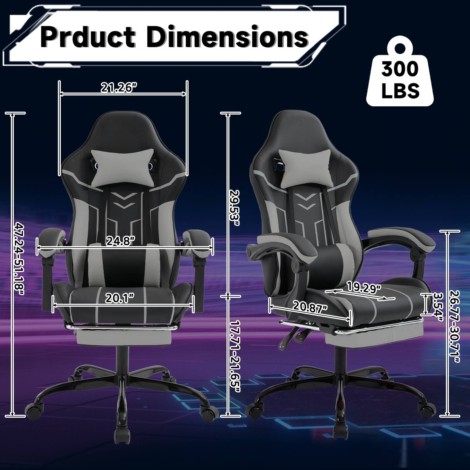 Product Dimensions

- Width: 21.26"
- Depth: 47.24-51.18"
- Height: 24.8"
- Seat Height: 20.1"
- Back Height: 29.53"
- Armrest Height: 17.71-21.65"
- Seat Depth: 19.29"
- Seat Width: 20.87"
- Armrest Width: 3.54"
- Base Diameter: 26.77-30.71"

Weight Capacity: 300 LBS
