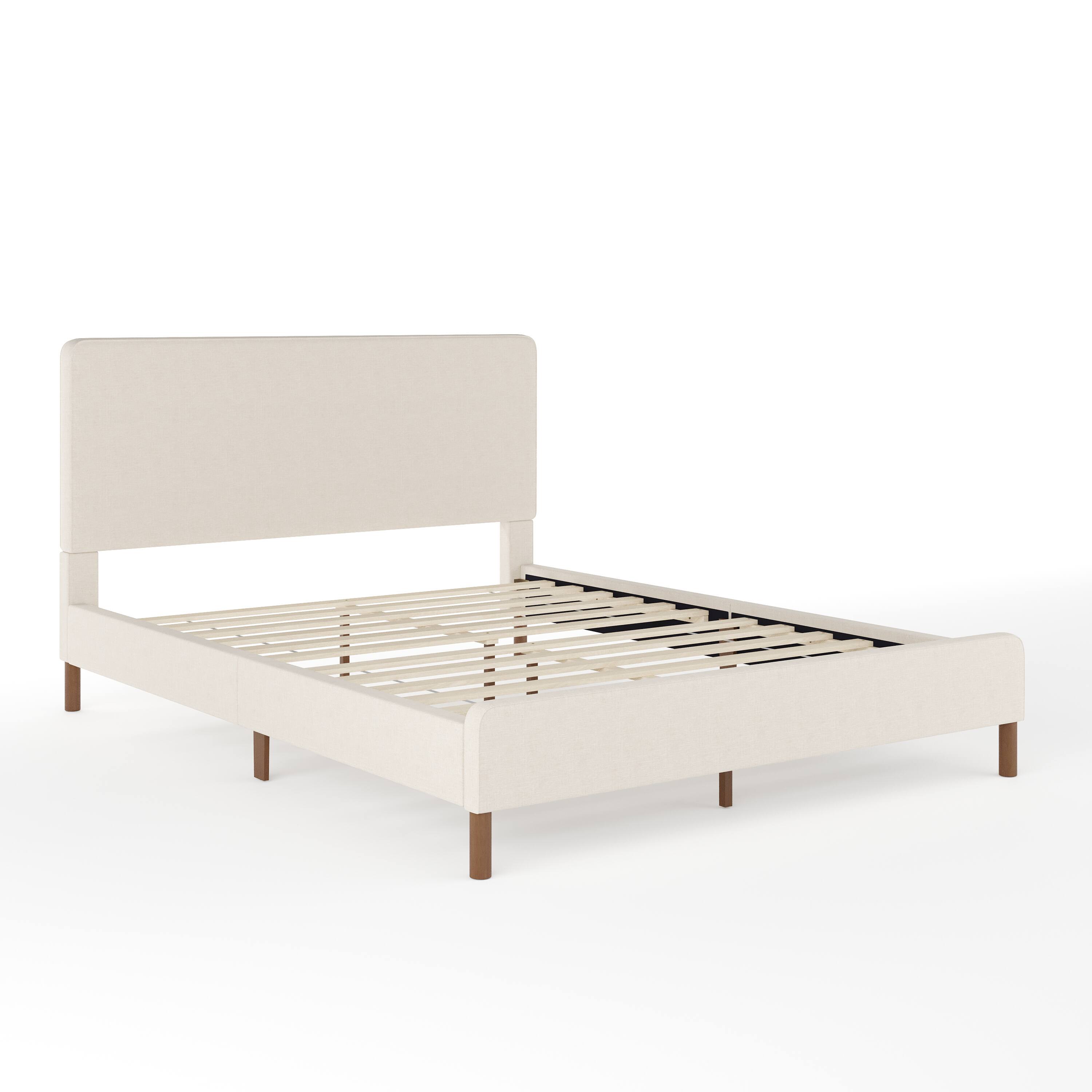 Alt View 11. Martha Stewart - Britta Faux Linen Upholstered Queen Size Platform Bed with Piped Headboard - Beige Fabric/Walnut Legs.