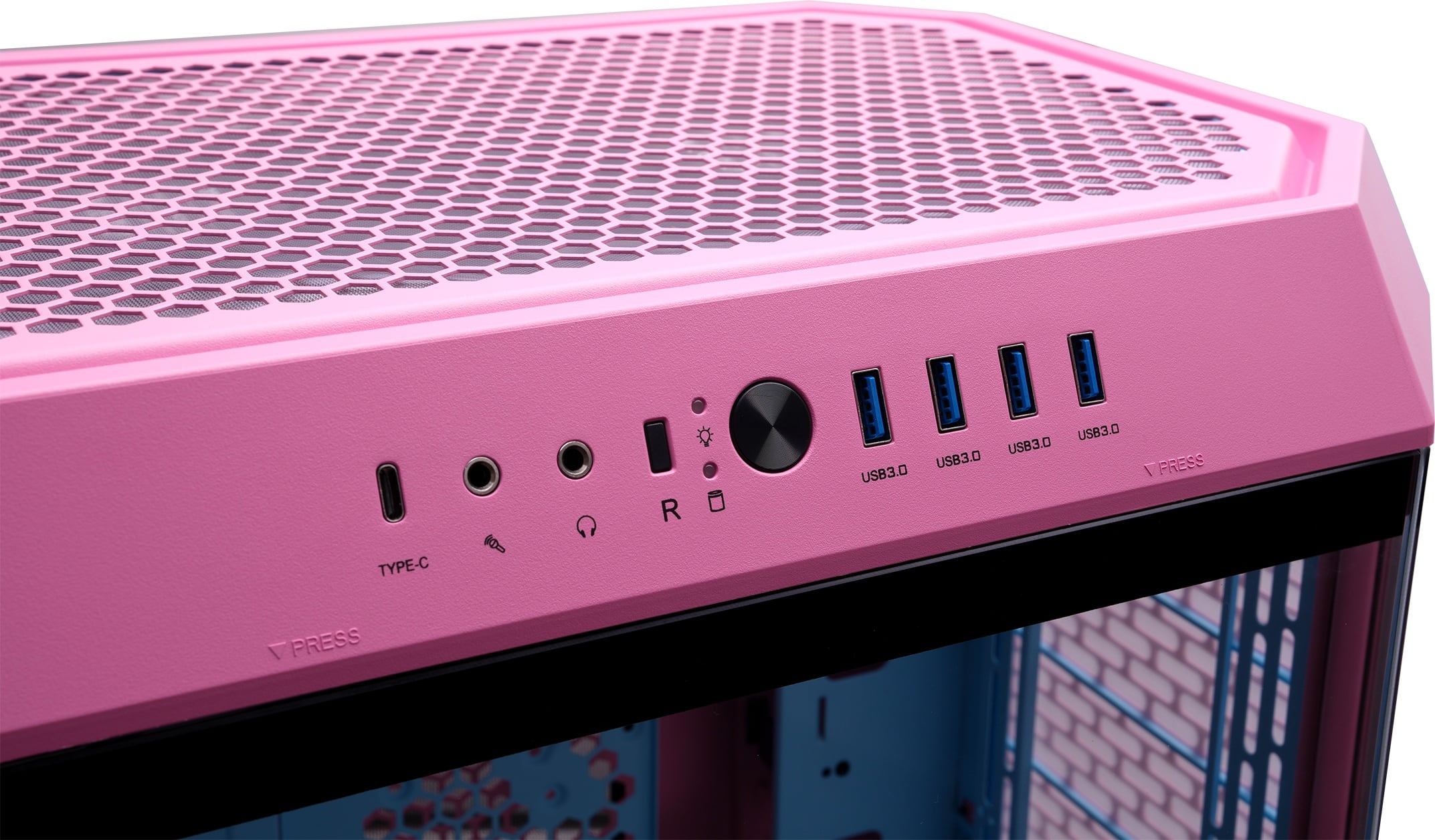 The text on the image reads "USB3.0 USB3.0 USB3.0 / FRESH TYPE-C / PRESS." This text is likely meant to describe the USB ports available on the pink computer case. The text indicates that there are three USB 3.0 ports, which are compatible with Type-C devices, and that the user should press a button to access them.