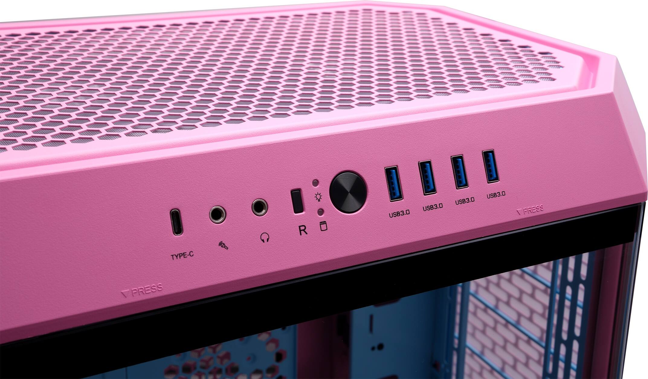 The text on the image reads "USB3.0 USB3.0 USB3.0 / FRESH TYPE-C / PRESS." This text is likely meant to describe the USB ports available on the pink computer case. The text indicates that there are three USB 3.0 ports, which are compatible with Type-C devices, and that the user should press a button to access them.