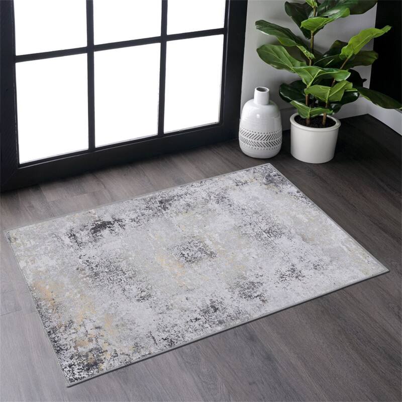 Angle. HTUTWOO - Chenille Washable Rug Non Slip Low Pile Doormat - 2' x 3' Machine Washable Area Rug, Kitchen Bedroom Living Room Hallway - Gray.