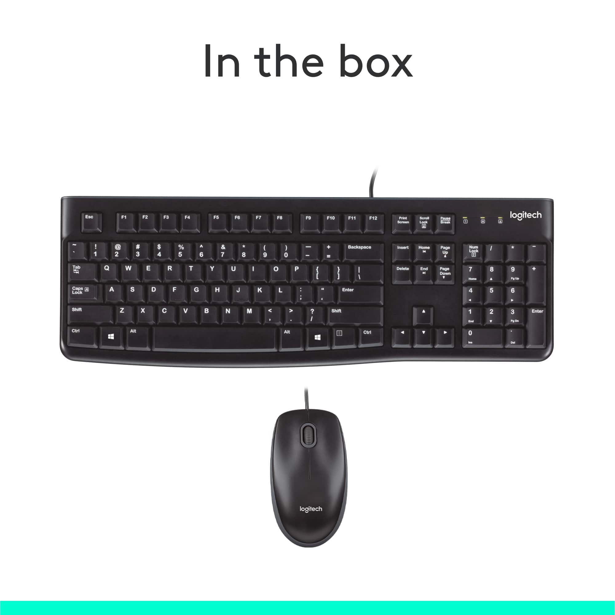 In the box, there is a black Logitech keyboard and mouse. The keyboard features a full QWERTY layout and includes function keys F1 through F12. The mouse is designed for comfortable use with the keyboard.
