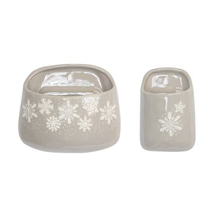 Front. BreeBe - Stoneware Wall Pocket with Snowflake Design (Set of 2) - Grey, White.