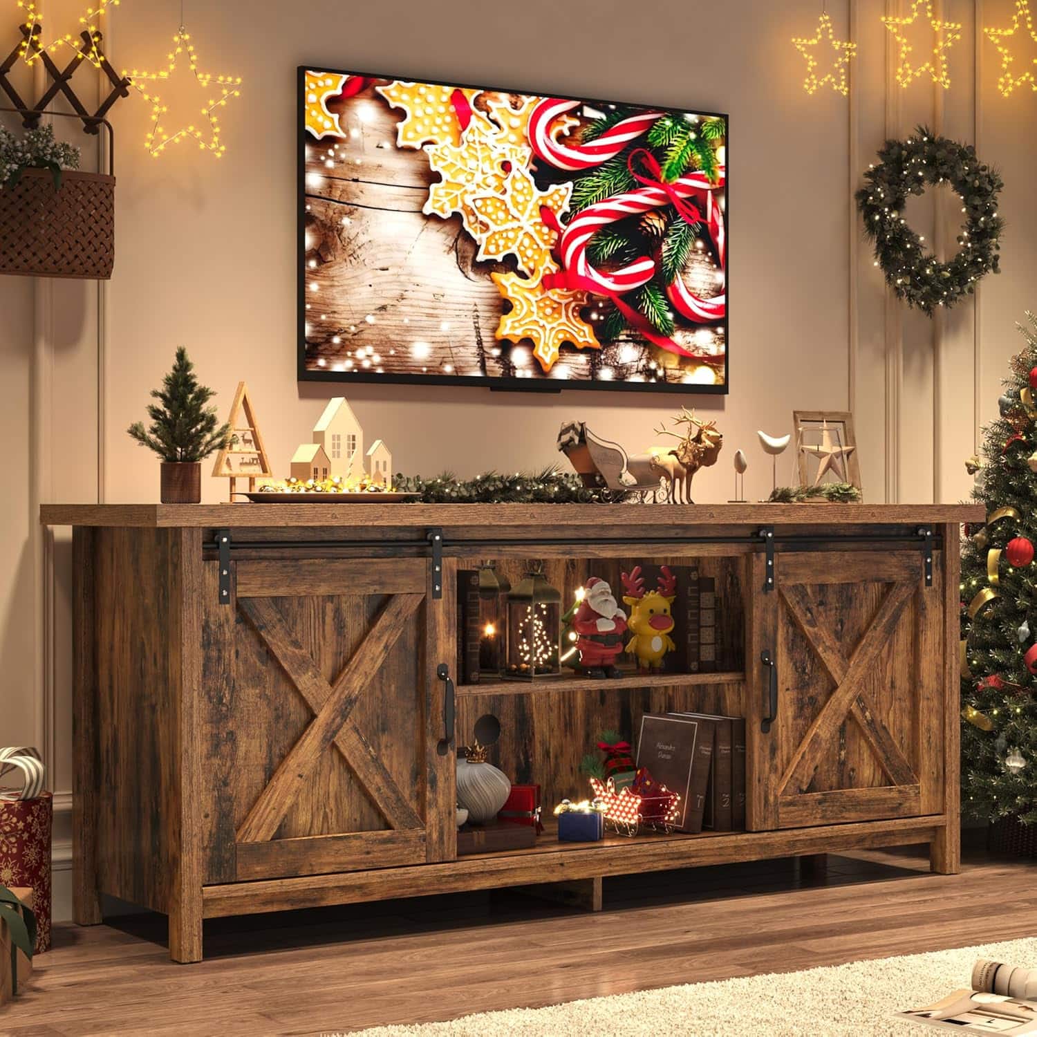 Espafurni - 58" Farmhouse TV Stand - Fits 55 - 65" TVs, Adj Shelves, Barn Door, for Home - Brown
