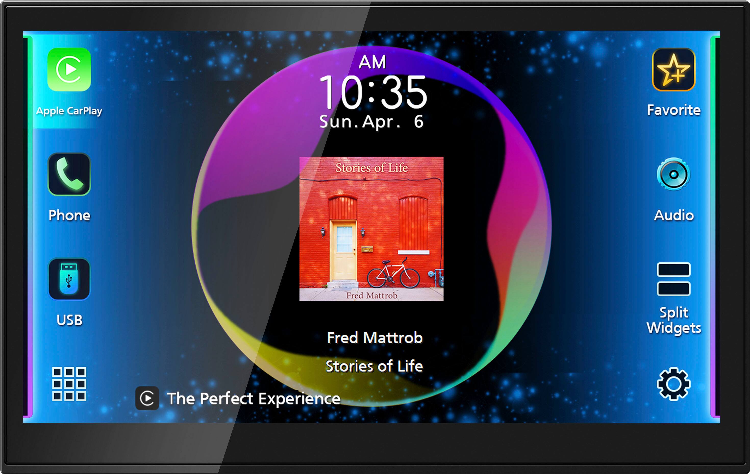 Apple CarPlay AM 10:35 Sun. Apr. 6 Favorite Stories of Life Phone Audio USB Fred Mattrob Fred Mattrob Split Widgets Stories of Life C The Perfect Experience