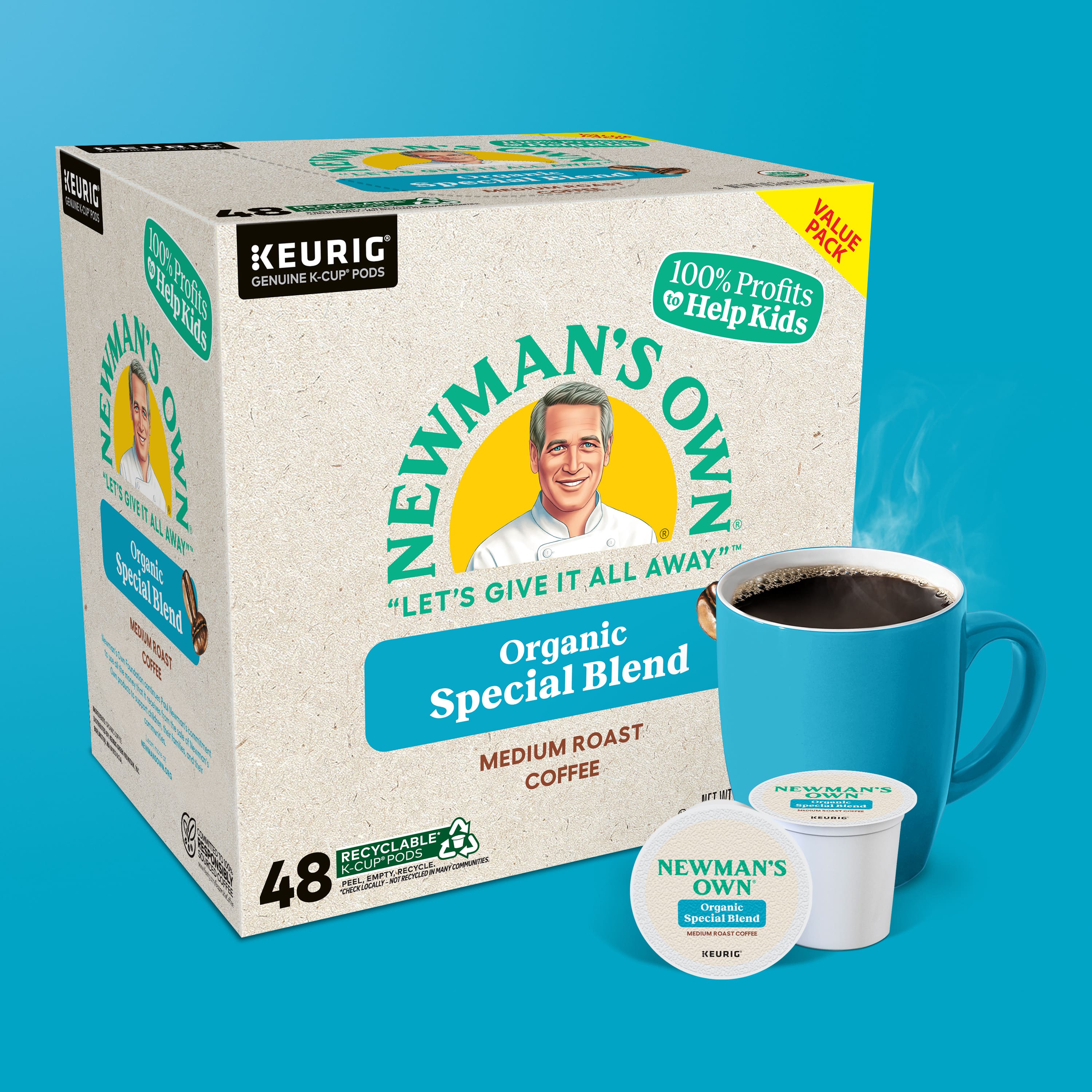 Newman's Own Organic Special Blend Medium Roast Coffee - 48 K-Cup Pods - 100% Profits to Help Kids - Recyclable - Empty Pods - Keurig Compatible.
