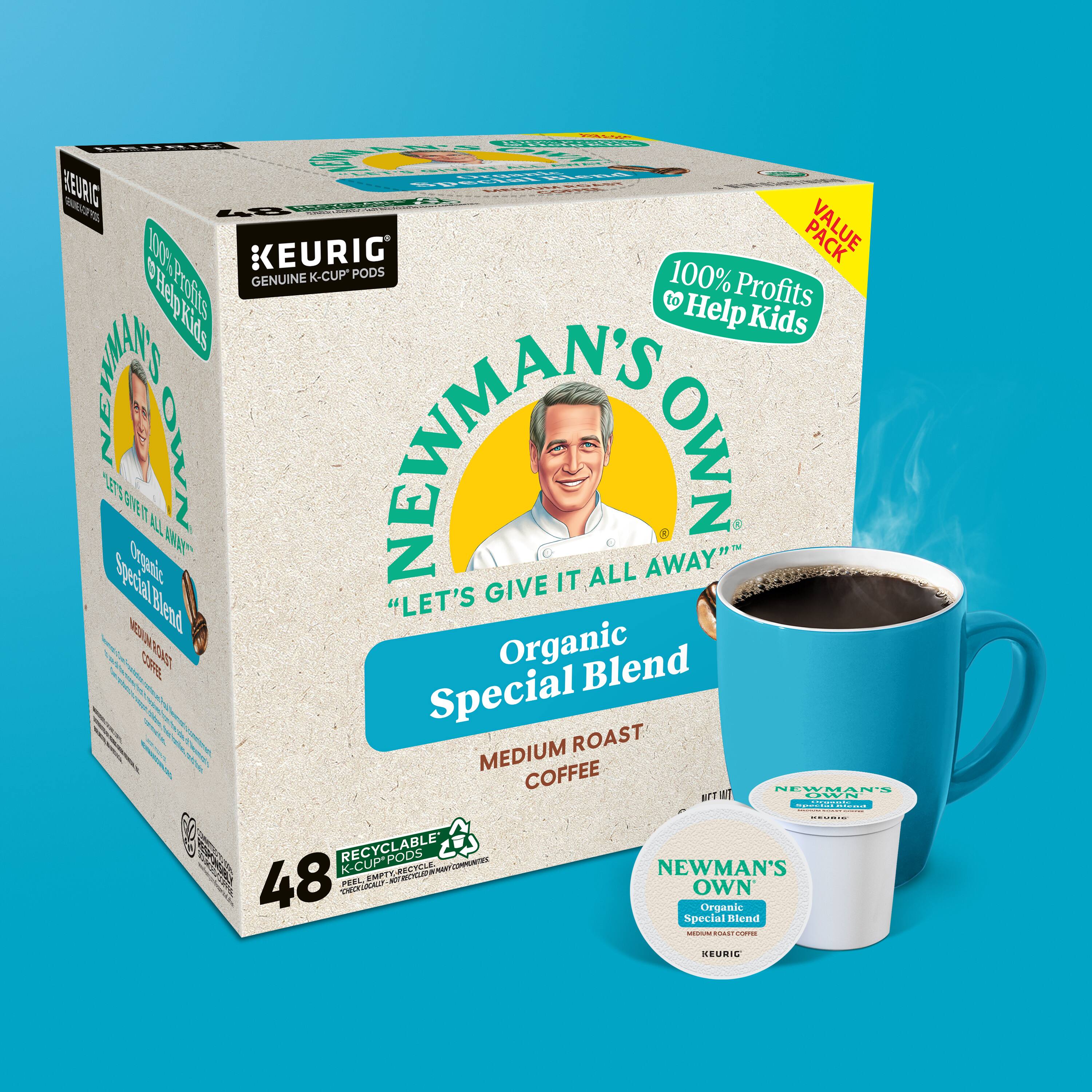 Newman's Own Organic Special Blend Medium Roast Coffee - 48 K-Cup Pods - 100% Profits to Help Kids - Recyclable - Empty Pods - Keurig Compatible.
