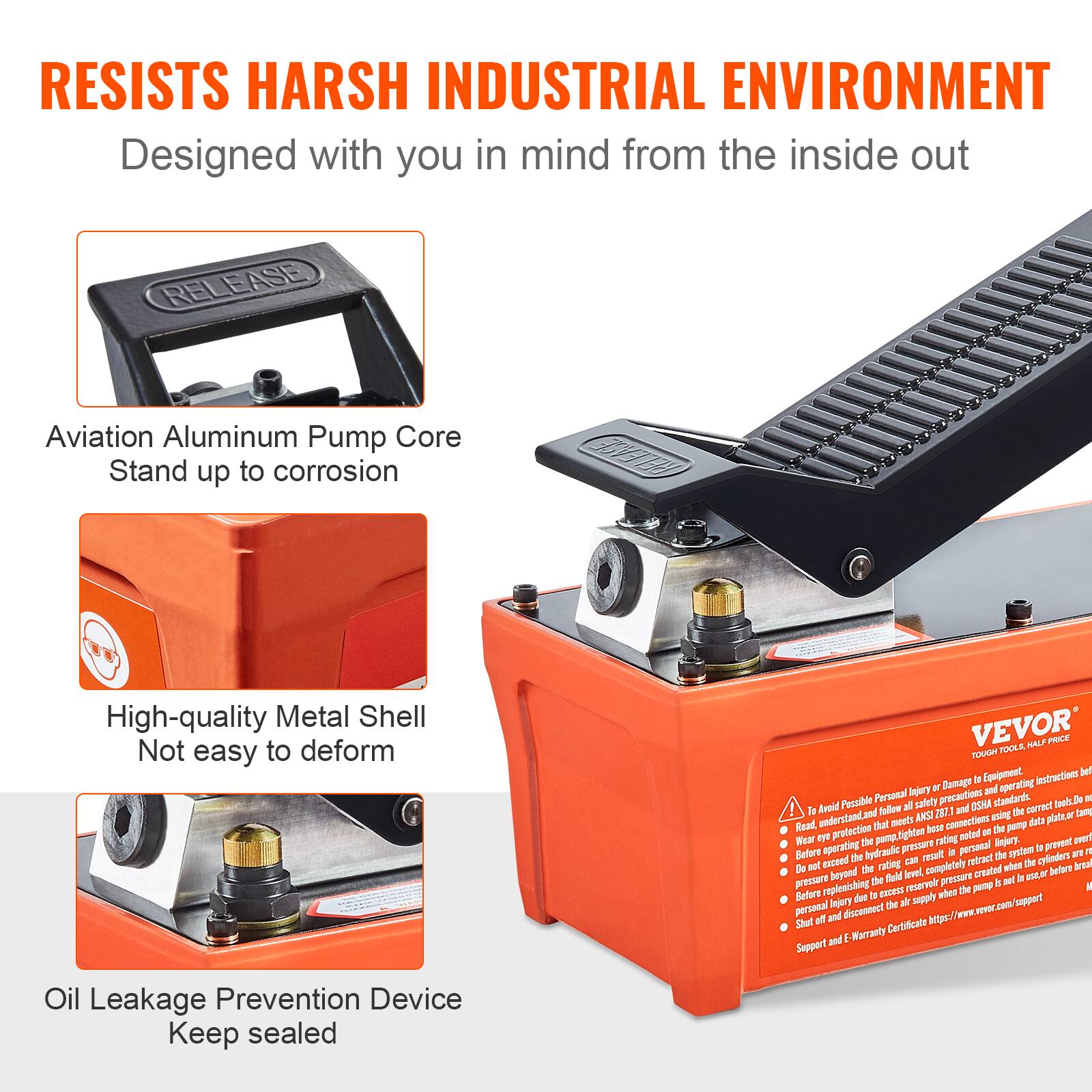 RESISTS HARSH INDUSTRIAL ENVIRONMENT  
Designed with you in mind from the inside out  

- Aviation Aluminum Pump Core  
  Stand up to corrosion  

- High-quality Metal Shell  
  Not easy to deform  

- Oil Leakage Prevention Device  
  Keep sealed  

VEVOR TOOLS  
WALFRICE DH Equipment  

Instructions:  
- Avoid Possible Personal Injury or Damage to Equipment.  
- Read and understand the instructions before using the pump.  
- Wear appropriate personal protective equipment.  
- Do not exceed the pressure rating of the pump.  
- Before operating, ensure the hydraulic fluid level is correct.  
- Before the hydraulic fluid level is beyond the level created, shut down the pump.  
- Before the hydraulic fluid pressure is reestablished, replace the pump.  
- Before diving into the hydraulic fluid supply when injury, the ar com perannal and discenment.  

Certificate and E Warranty  
Support Oil Leakage Prevention Device  
Keep sealed  

https://www.vevor.com/support