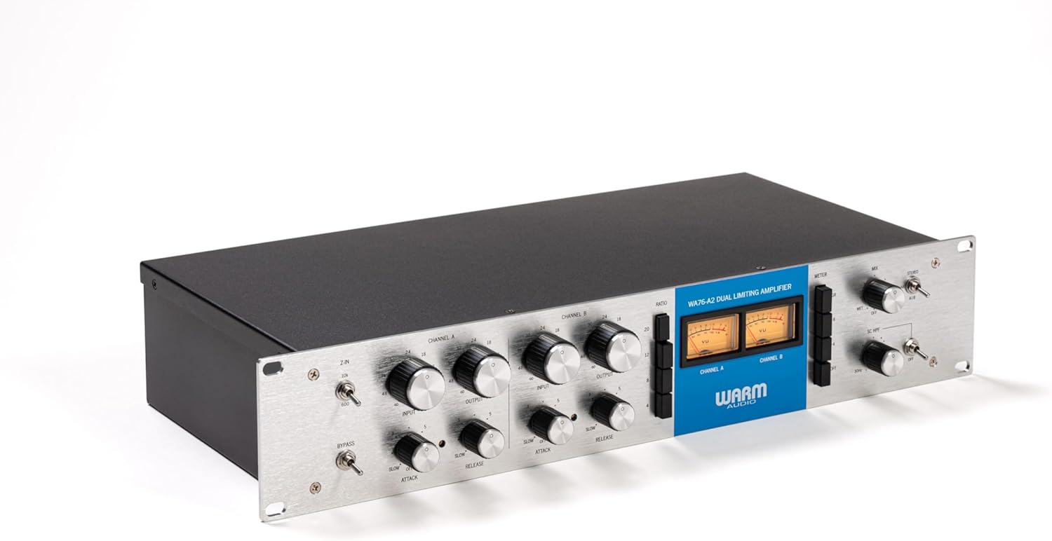 IIN os 400 BYPASS CHANNEL A a o   a C 4  - OUTPUT INPUS 1  a O S.2W SOW de RELEASE ATTACK CHANNEL a N a d a - INPUT 1 d  KIA 24 a O - OUTPUT  a RELEASE RATIO 20 2 A LIMITING AMPLIFIER WA76-AZ DUAL    OHONNE CHAIE A WARM AUDIO METER