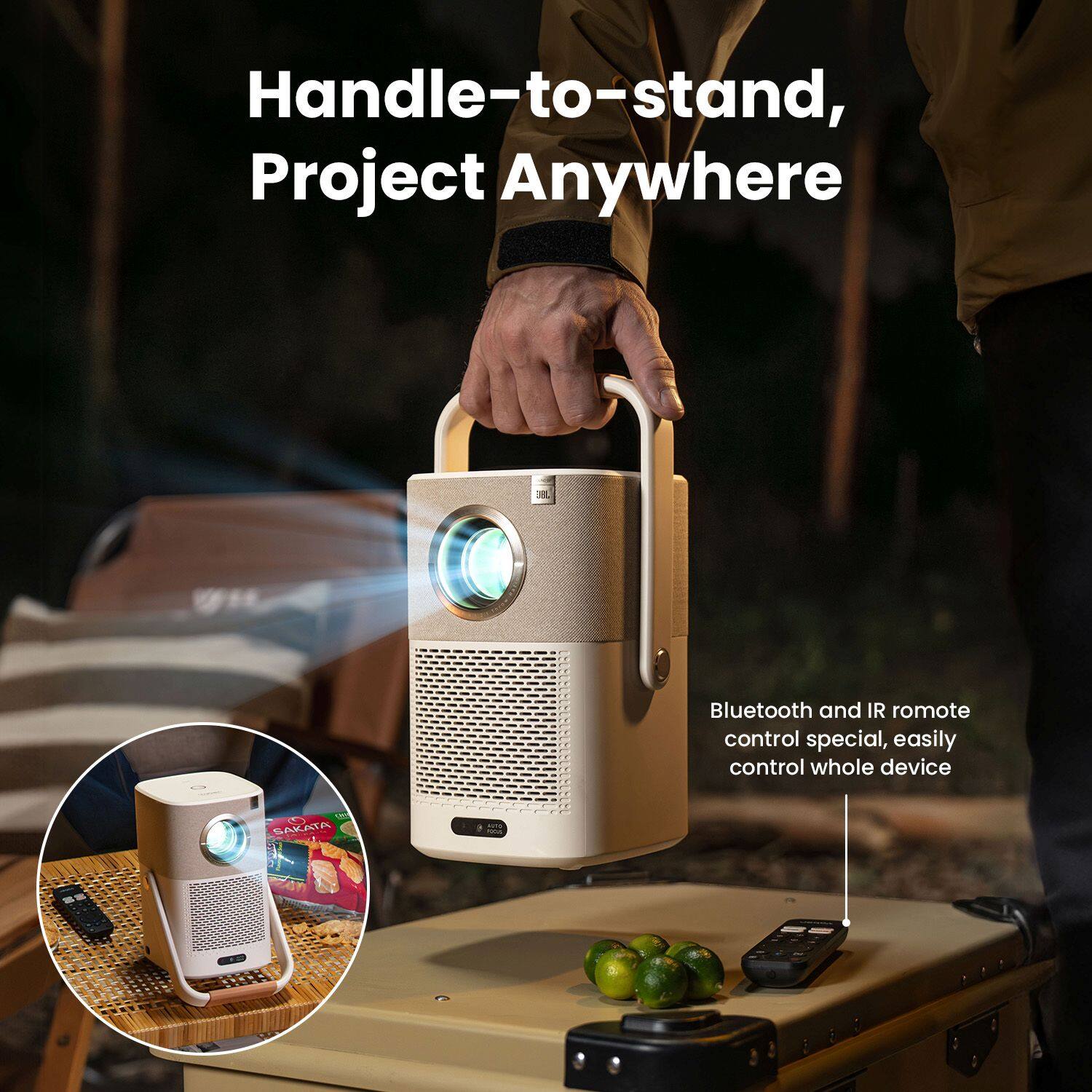 Handle-to-stand, Project Anywhere
Bluetooth and IR remote control special, easily control whole device