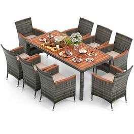 Gymax - 9 PCS Wicker Dining Set Patio Dining Furniture Set w/ Acacia Wood Table & 8 Armchairs - mix gray