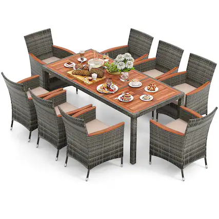 Front. Gymax - Gymax 9 PCS Wicker Dining Set Patio Dining Furniture Set w/ Acacia Wood Table & 8 Armchairs - mix gray.