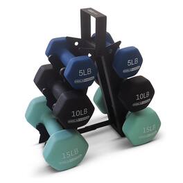 HolaHatha - 5, 10, and 15 LB Neoprene Dumbbell Free Hand Weight Set w/ Rack, Multi - Blues