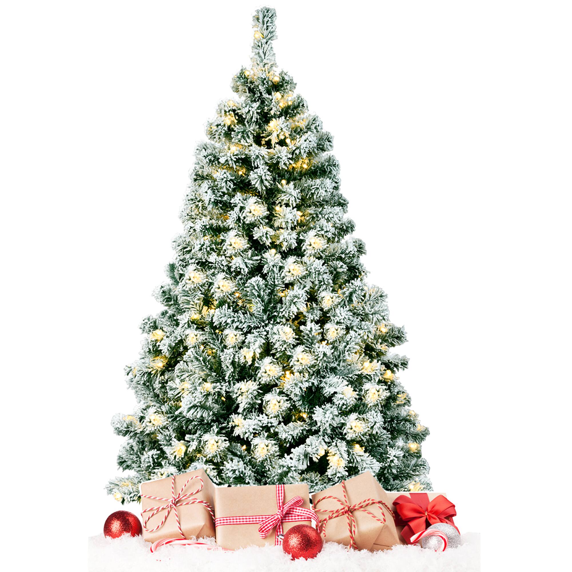 Alt View 5. Gymax - Gymax 4.5ft Pre-lit Snow Flocked Christmas Tree Hinged Pine Tree Holiday Decoration - Green + White.