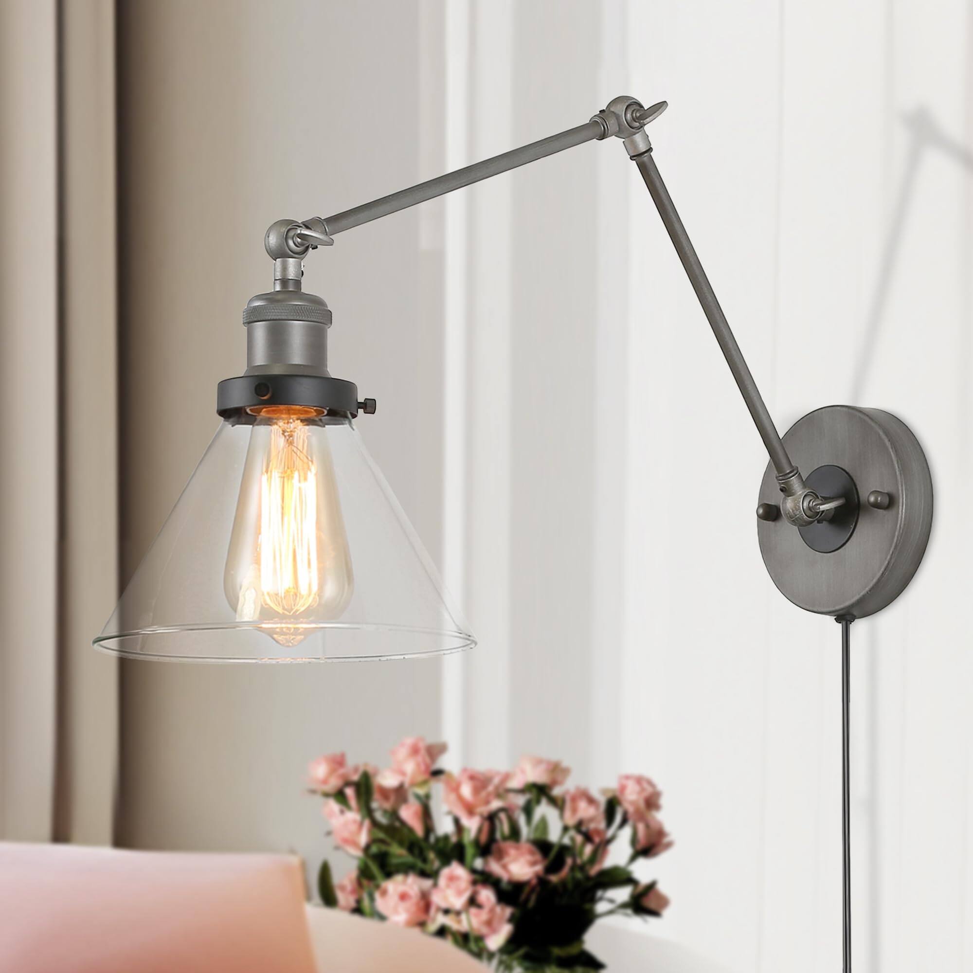 PO3TICJUNKI3 - Glass Wall Sconces Lighting Modern Industrial Swing Arm Plug In Or HardwiAdjustable Lamp With Antique Brass - Black Silver Brushed