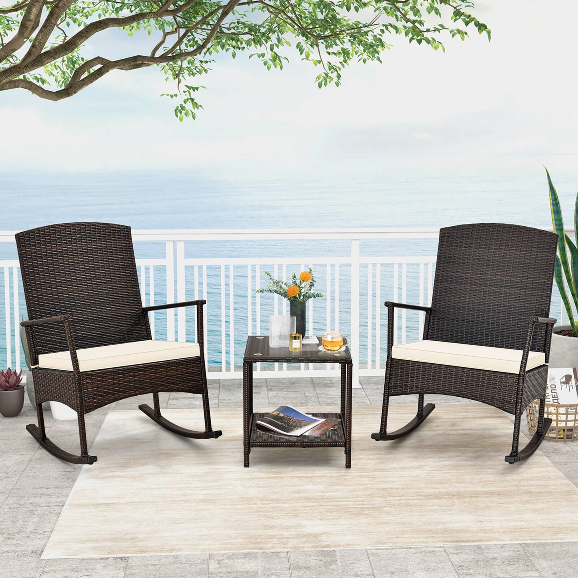 Alt View 1. Costway - Costway 3 Piece Patio Rocking Set Wicker Rocking Chairs with 2-Tier Coffee Table Off White - Off White.