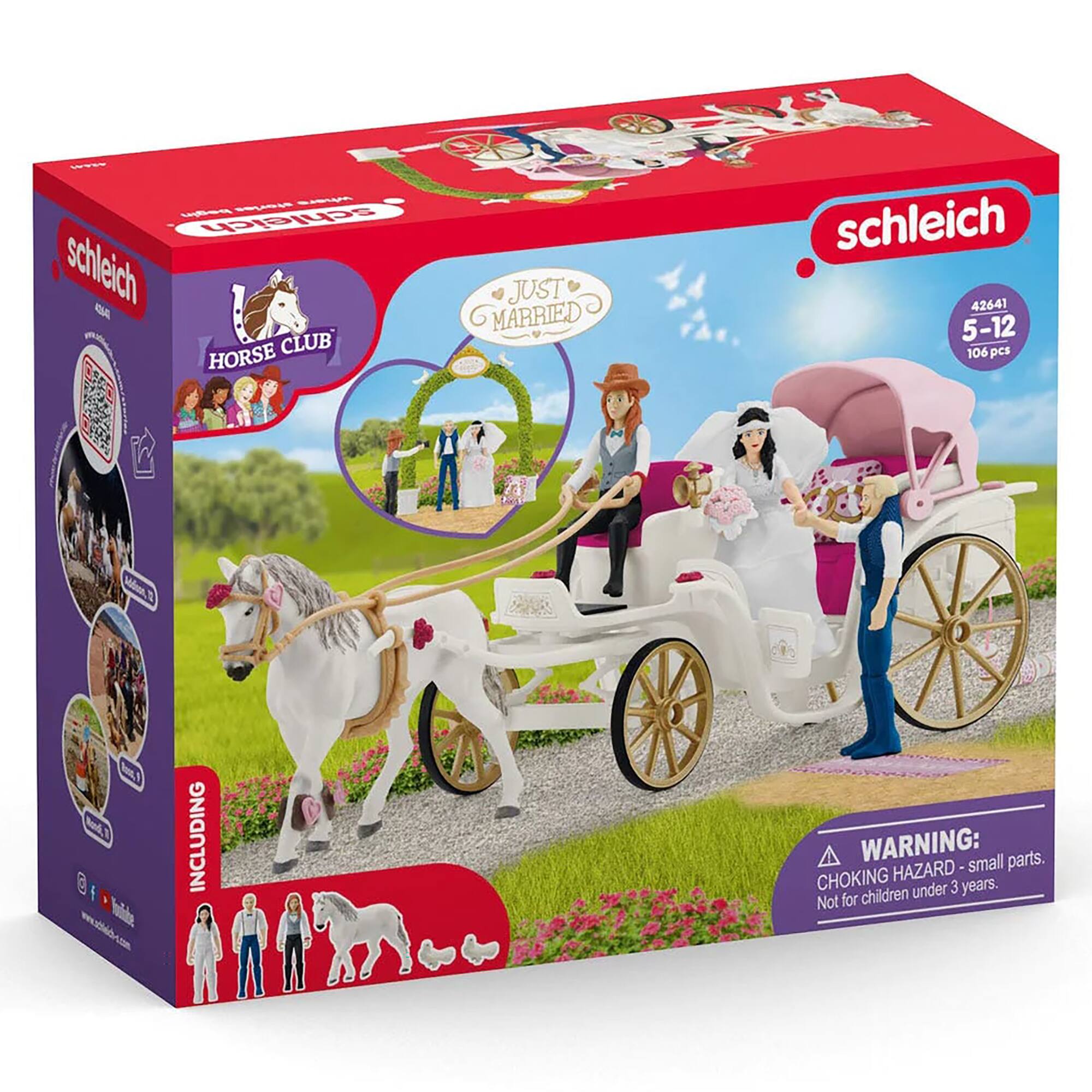 SIUS  
schleich  
46 CLUB HORSE JUST G MARRIED  
schleich 42641  
5-12  
106 pcs  
M4n 1 B.1  
@ I holide  
INCLUDING  
WARNING: small parts.  
CHOKING HAZARD under 3 years.  
Not for children
