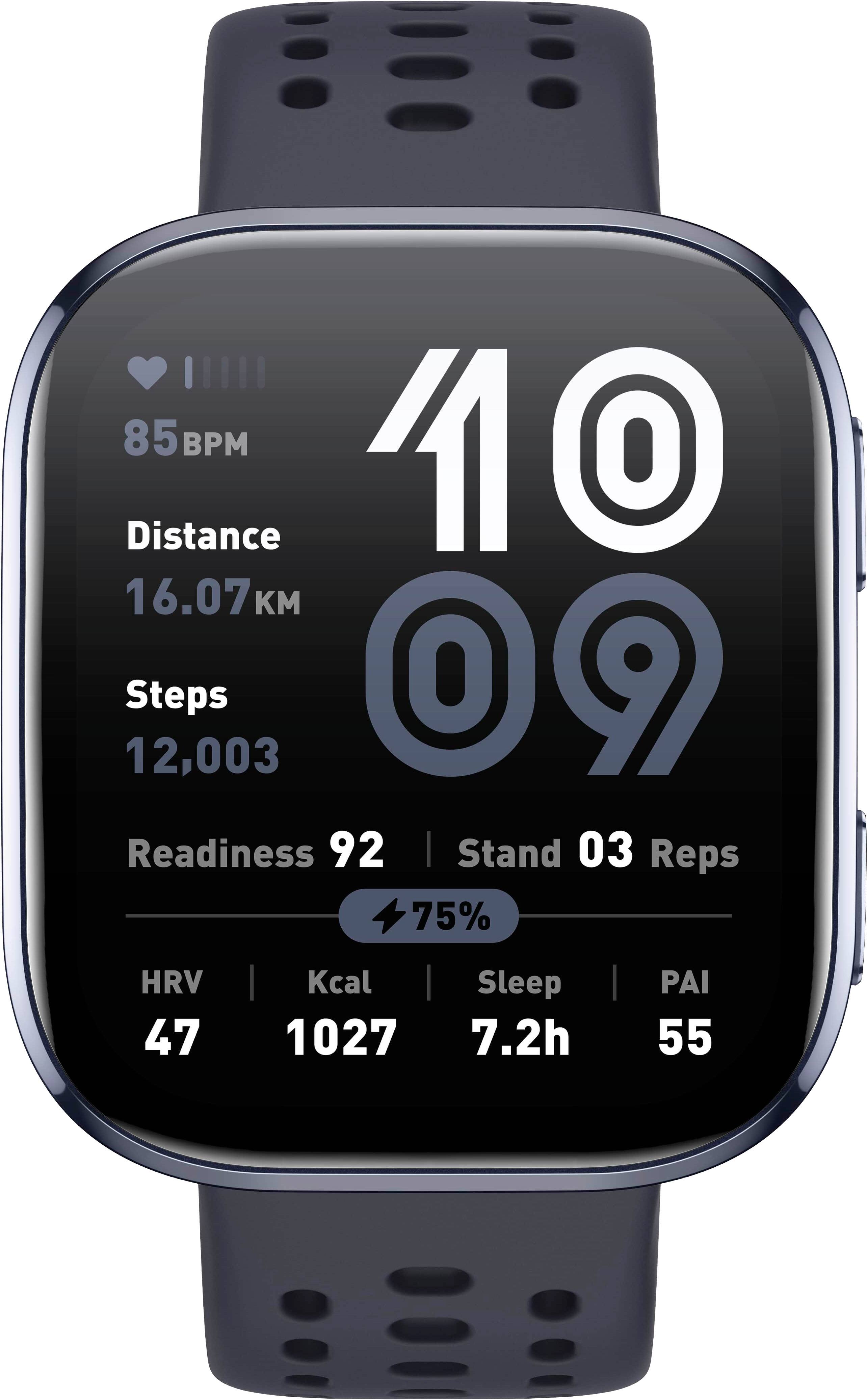The text on the image reads: "85 BPM, 10 Distance, 16.07 Steps, 12,003 Readiness, 92 | Stand 03 Reps, 75% HRV, Kcal Sleep PAI 47, 1027, 7.2h, 55."