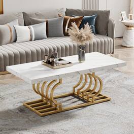 Tribesigns - Modern Coffee Table, 47 Inch Faux Marble Cocktail Table with Geometric Frame, Rectangular Center Table Tea Table Accent - White/Gold
