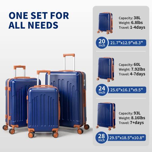 ONE SET FOR ALL NEEDS

Capacity: 38L  
Weight: 6.8lbs  
Travel: 1-4 days  
20 Inch  
21.7"x12.9"x8.3"

Capacity: 60L  
Weight: 7.92lbs  
Travel: 4-7 days  
24 Inch  
25.6"x16.1"x9.5"

Capacity: 93L  
Weight: 8.16lbs  
Travel: 7+ days  
28 Inch  
29.5"x18.5"x10.8"