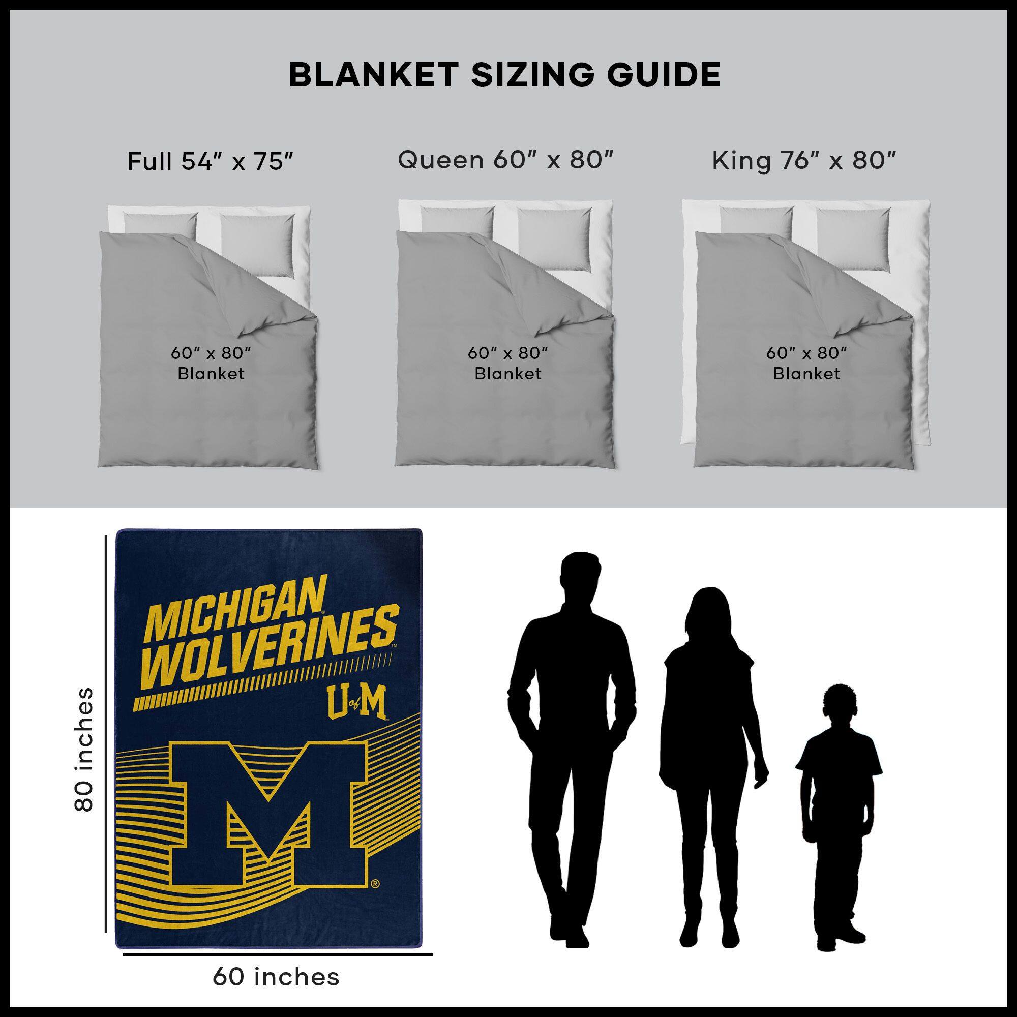 BLANKET SIZING GUIDE

Full 54" x 75"  
Queen 60" x 80"  
King 76" x 80"  

60" x 80" Blanket  
60" x 80" Blanket  
60" x 80" Blanket  

MICHIGAN WOLVERINES  
U-M  

80 inches  
60 inches