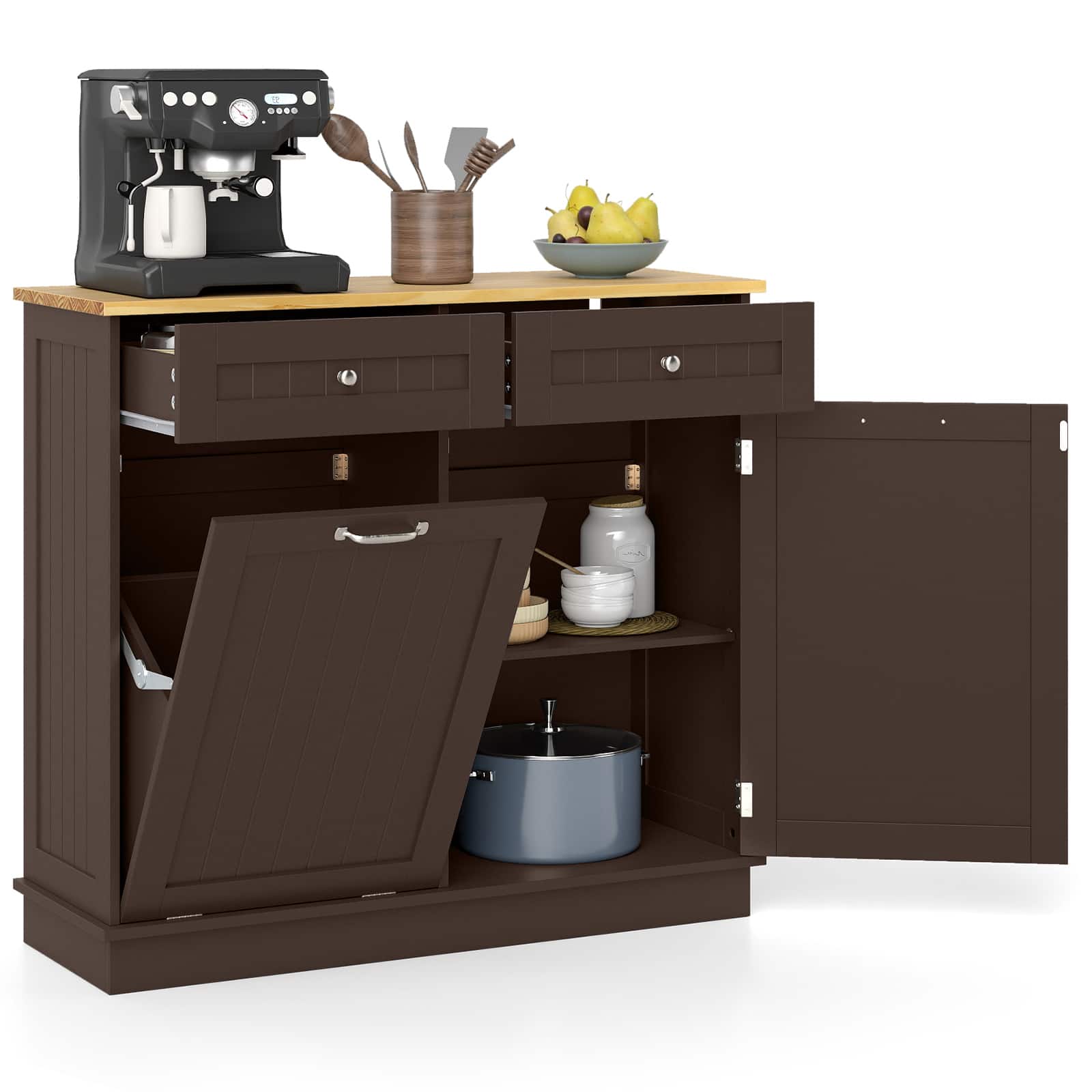 Costway - Wooden Kitchen Trash Cabinet Tilt Out Bin Holder with Drawer & Storage Shelf - Coffee