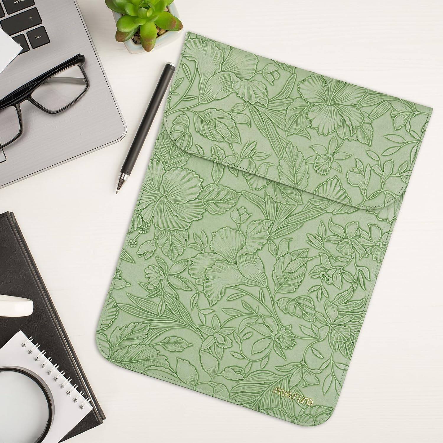 Alt View 3. mosiso - Embossed Hibiscus PU Leather Laptop Sleeve 13 Inch with Accessory Pouch for MacBook Neo 13/Air Pro 13 14 M5 M4 M3 M2 M1 - Sage Green.
