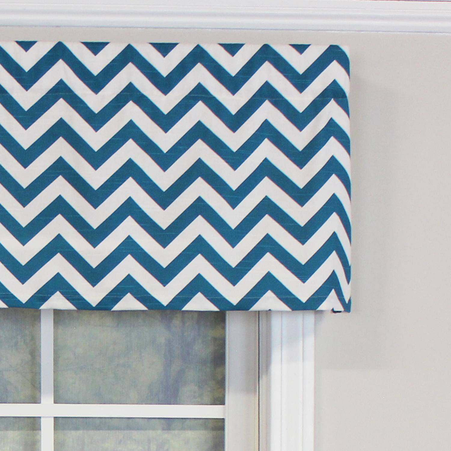 Left. RLF Home - RLF Home Zig-Zag Tailored 100% Cotton with Fully Lined 3" Rod Pocket Valnance for Windows 50" x 14" Blue - Blue.