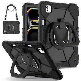 Dteck - Case for Apple iPad Pro 13-inch (M5) 2025/(M4) 2024 , 3-Layer Rugged Kickstand Handle Grip Cover+Strap - Black