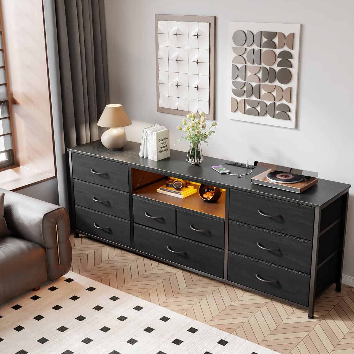 Furnulem - 63 Inch Modern TV Stand with LED Lights Charging Station 9 Drawers Media Console for Living Room Bedroom - Black