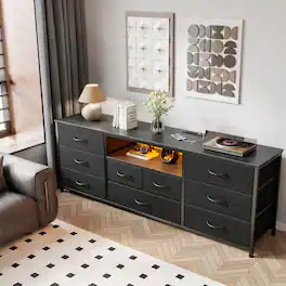 Furnulem - 63 Inch Modern TV Stand with LED Lights Charging Station 9 Drawers Media Console for Living Room Bedroom - Black