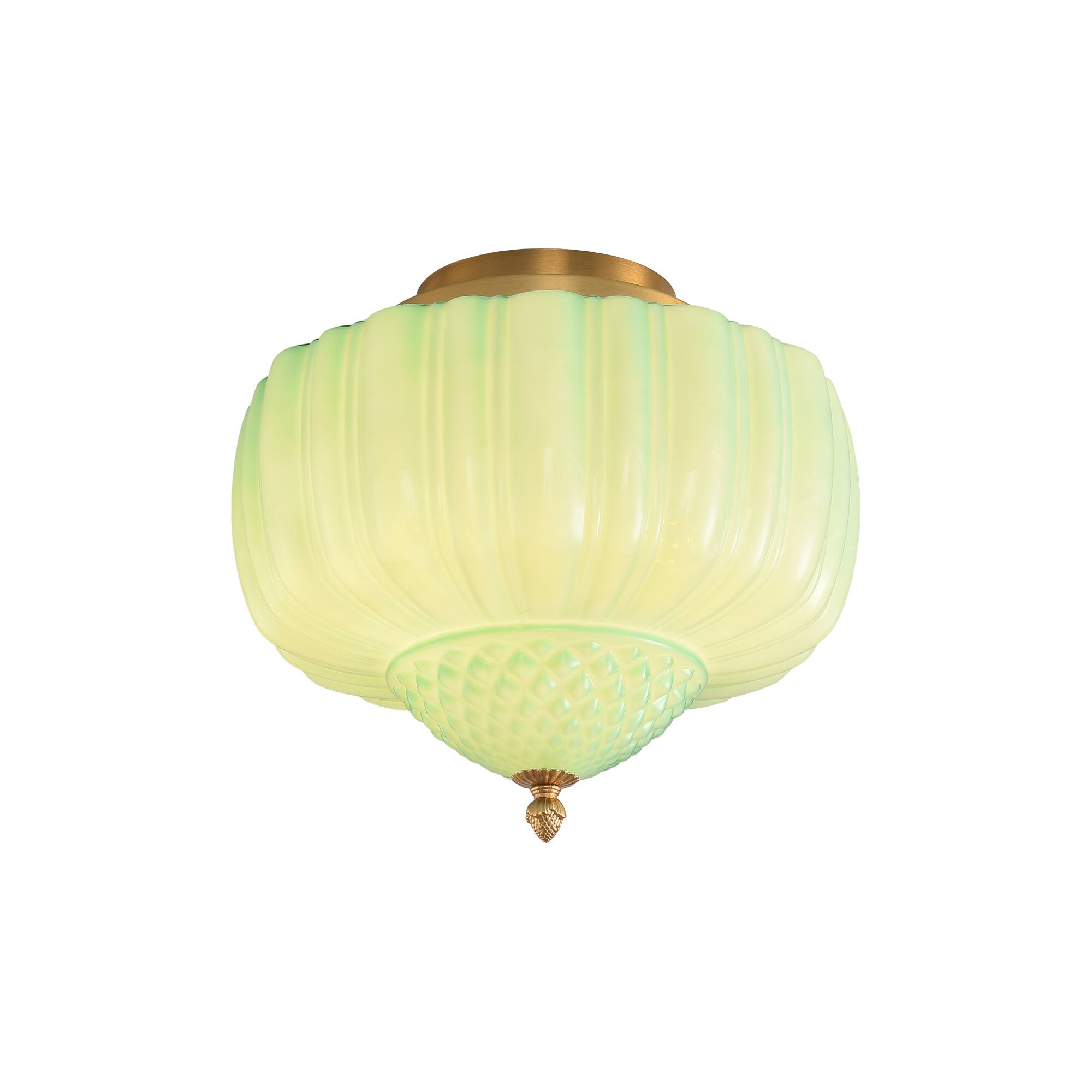 Alt View 3. Parrot Uncle - 13-Inch Vintage Green Ribbed Opal Glass 3-Light Flush Mount Ceiling Light - Gold.