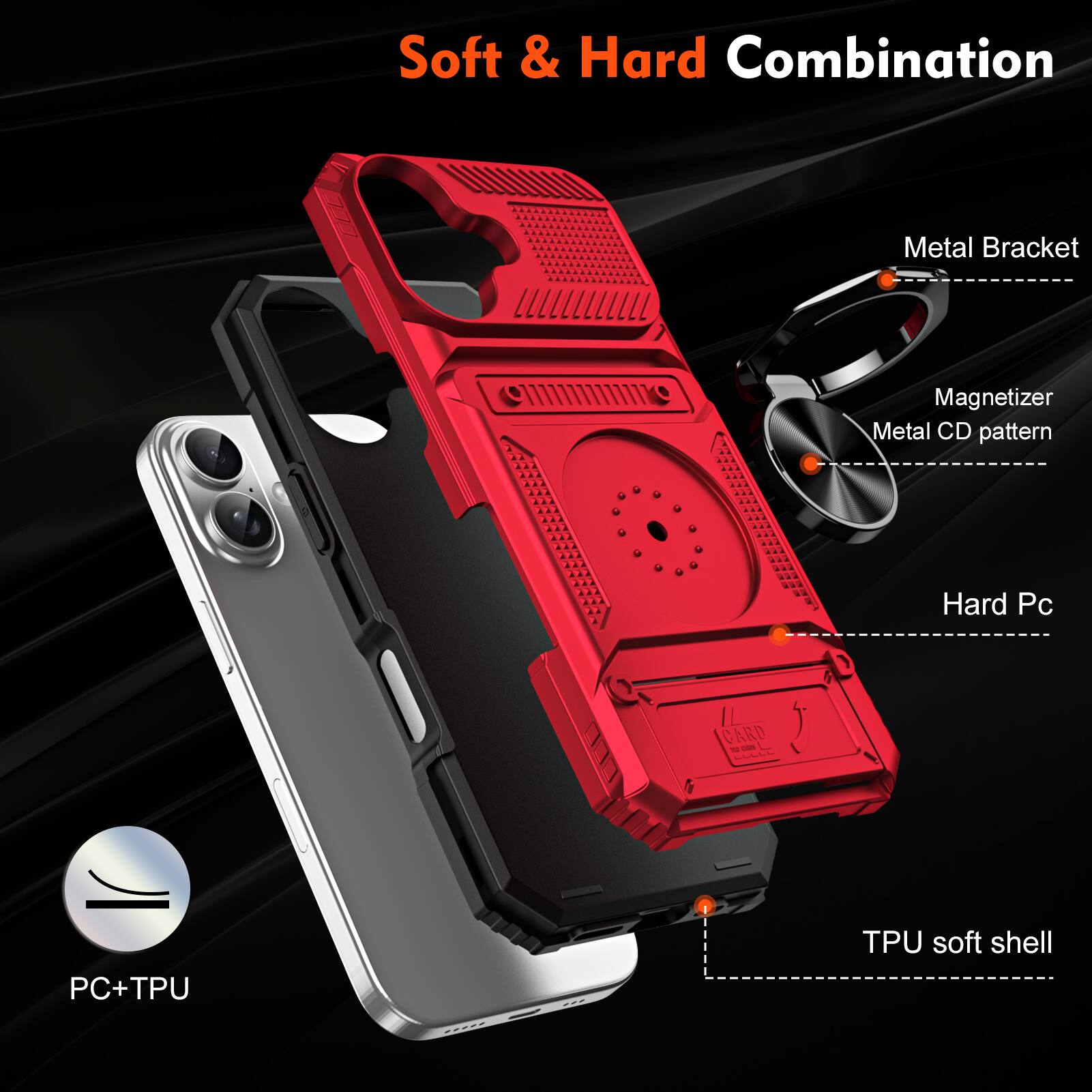 Soft & Hard Combination Metal Bracket Magnetizer Metal CD pattern Hard Pc CARD C - - - PC+TPU TPU soft shell